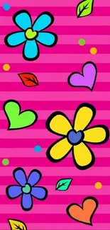 Vibrant wallpaper with floral and heart patterns on a pink striped background.