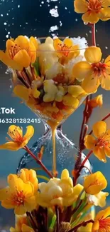 Orange flowers in an hourglass with a blue background.