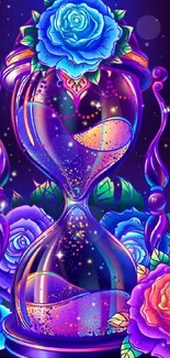 Vibrant neon floral hourglass with roses on a starry background.