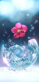 Floating pink flower above shattered ice orb with a dreamy background.