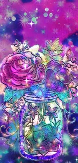 Vibrant floral jar with colorful roses on a galaxy background.