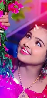 Woman smiling with floral garland, vibrant colors