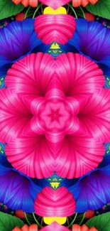 Vibrant floral kaleidoscope wallpaper with colorful petals.