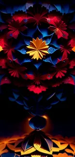 Vibrant abstract floral wallpaper with red, yellow, and blue colors.