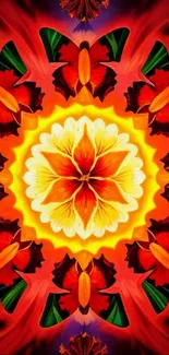 Vibrant floral kaleidoscope pattern with bold colors and symmetry.