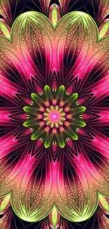 Vibrant floral kaleidoscope with green and pink hues.