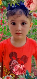 Child in red shirt with floral background wallpaper.