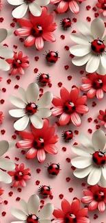 Floral wallpaper with ladybugs and red and white flowers.