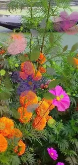 Vibrant lake scene with colorful flowers and boat.