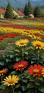 Vibrant flower field with mountains and cottage in the background.