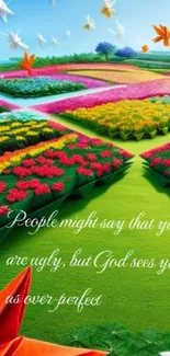 Colorful floral landscape wallpaper with inspirational quote.