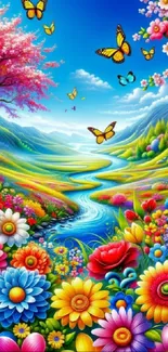 Vibrant mobile wallpaper with flowers, river, and butterflies.