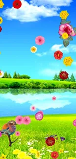 Serene landscape wallpaper with blue sky and colorful flowers.