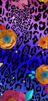 Vibrant floral and leopard pattern wallpaper with butterflies.