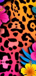 Vibrant leopard print wallpaper with colorful flowers.