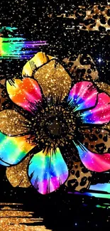 Vibrant floral wallpaper with glitter, rainbow, and leopard accents.