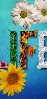 Vibrant blue wallpaper with the word 'LIFE' in floral designs.