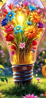 Vibrant floral arrangement inside a light bulb, with colorful nature art.