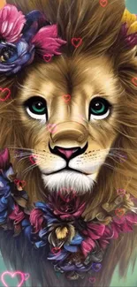 Artistic lion with colorful floral bouquet and heart accents.