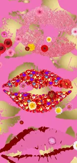 Floral patterned lips on pink and green background.