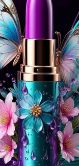Lipstick adorned with flowers and butterflies in vibrant colors.