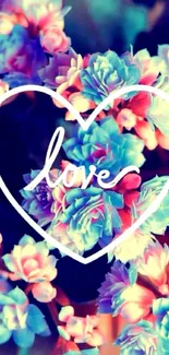 Colorful floral wallpaper with love inside a heart shape.