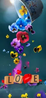 Mobile wallpaper with colorful flowers and love letters.