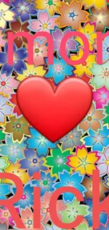 Colorful floral wallpaper with heart design.