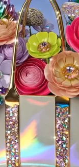 Colorful floral handbag with sparkling gems.