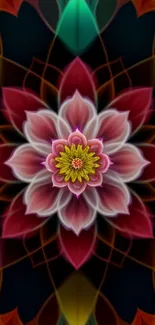 Vibrant floral mandala wallpaper with pink and red hues.