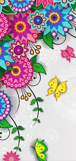 Colorful floral mandala wallpaper with butterflies and intricate designs.