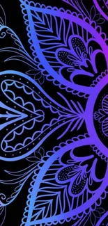 Vibrant mandala pattern with blue and purple floral design on a black background.