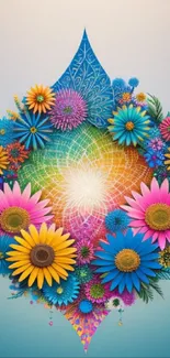 Bright and colorful floral mandala wallpaper with intricate patterns.