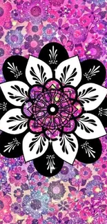 Purple floral mandala design on glittery background.