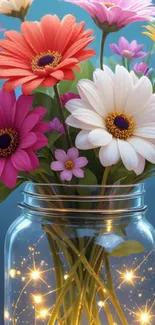 Colorful flowers in a mason jar with fairy lights on a blue background.