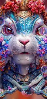 Vibrant mech rabbit with floral accents in a colorful wallpaper.