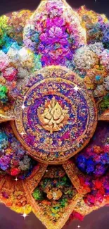 Vibrant floral medallion art mobile wallpaper with colorful design and gold highlights.