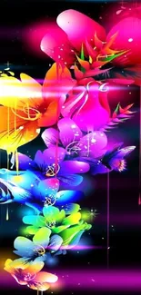 Vibrant floral artwork with colorful flowers on a black background for mobile wallpaper.