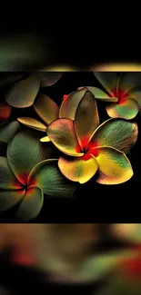 Vibrant floral wallpaper with colorful petals on a dark background.