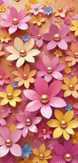 Vibrant floral wallpaper with pink, yellow, and orange flowers.