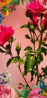 Vibrant floral wallpaper with pink roses and colorful surrounding flowers.