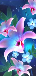 Vibrant wallpaper with pink lilies and blue accents.