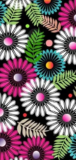 Colorful floral wallpaper with daisy patterns on a black background.