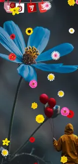 Blue flower with colorful petals and balloons in vibrant wallpaper.