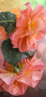 Vibrant peach roses with bokeh effects on a mobile wallpaper.