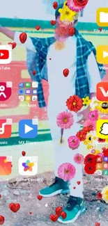 Colorful mobile wallpaper with flowers overlaying app icons.