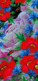 Vibrant floral wallpaper with red poppies and blue cornflowers on a pink background.