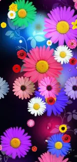 Vibrant floral wallpaper with colorful flowers on a dark background.