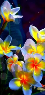 Vibrant plumeria flowers with lush green leaves on a dark blue background.