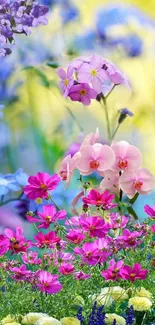 Colorful floral wallpaper with pink and purple blooms against a vibrant background.